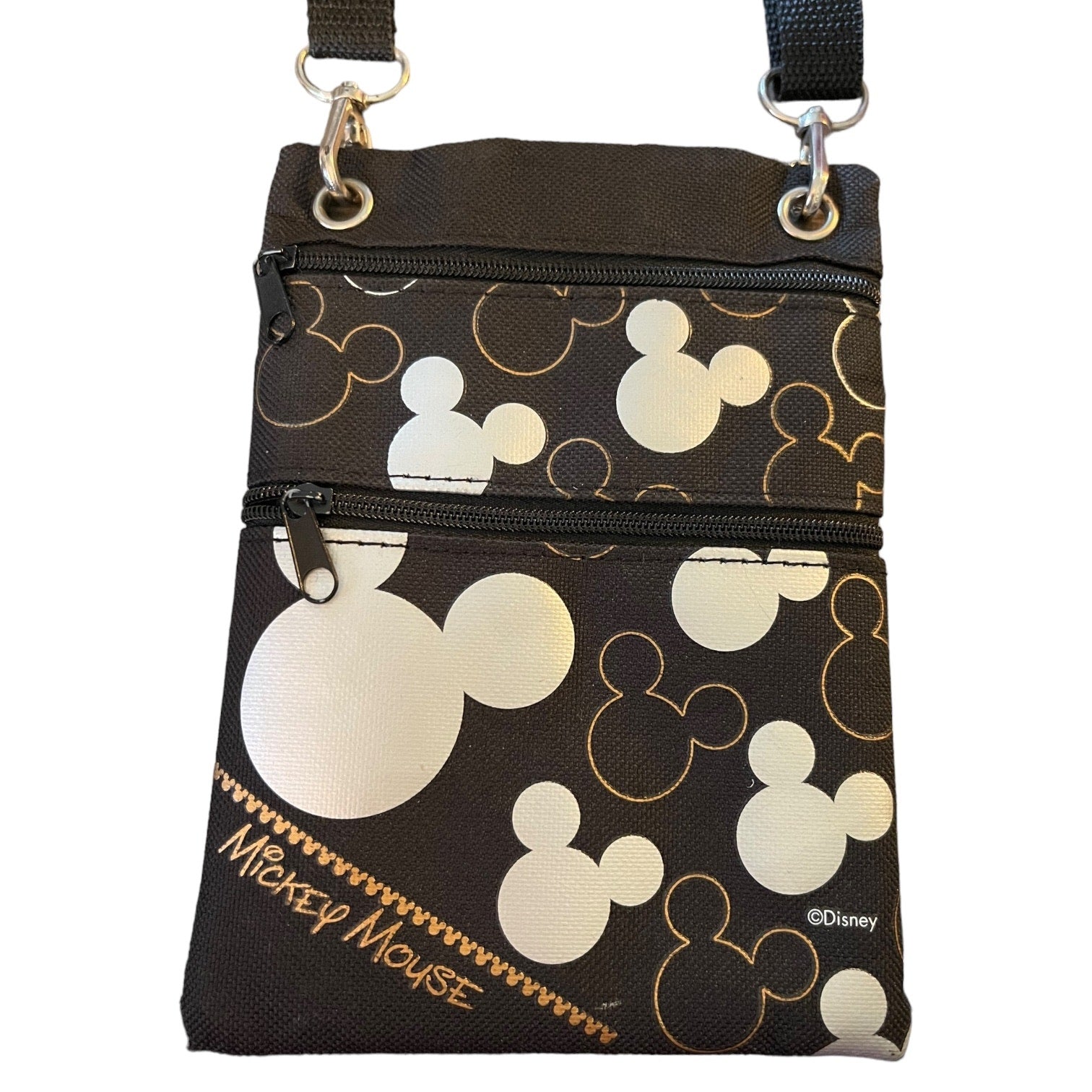 Close up of black Mickey Mouse small pouch purse in a white back ground