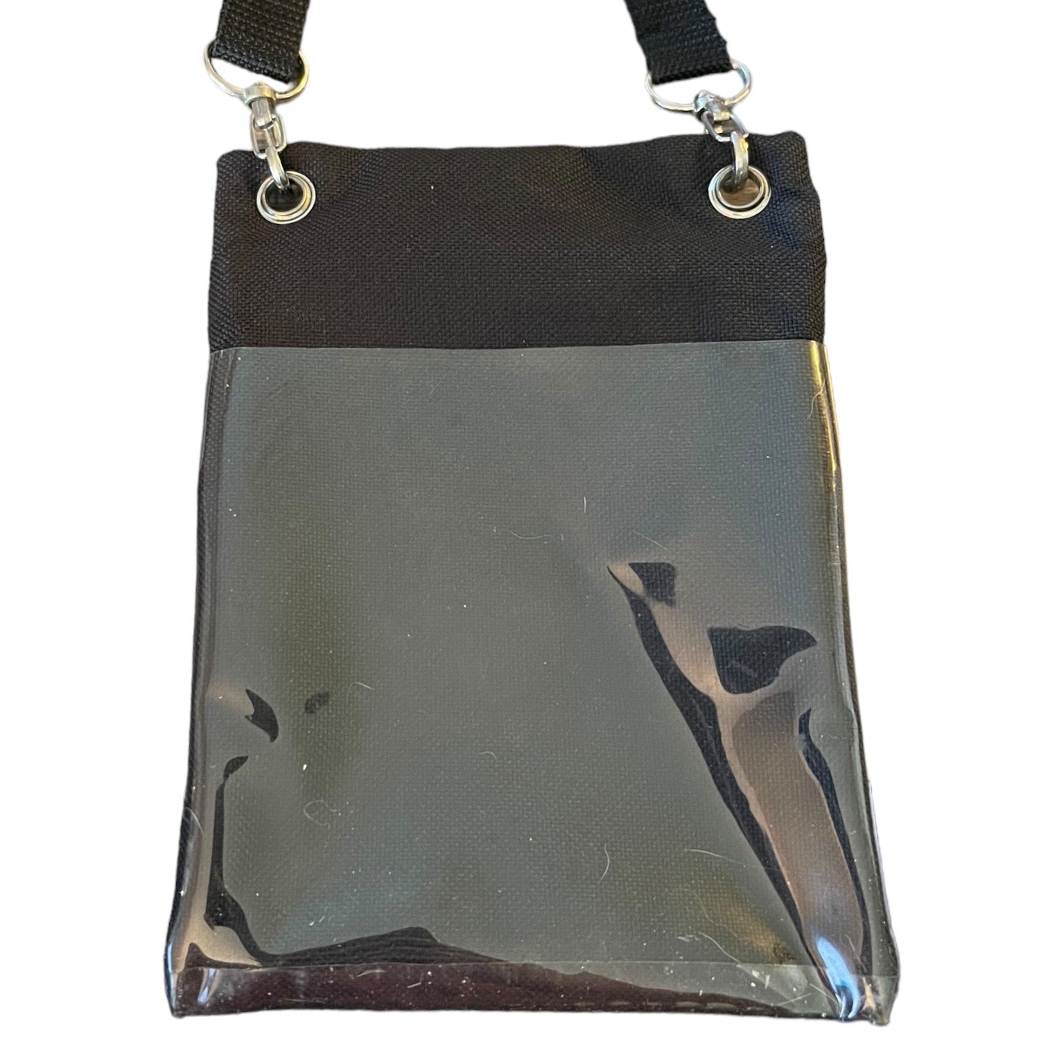 Back of black mini purse on a white back ground