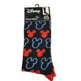 Packaged Disney Mickey Mouse crew socks with black background, red and blue designs.