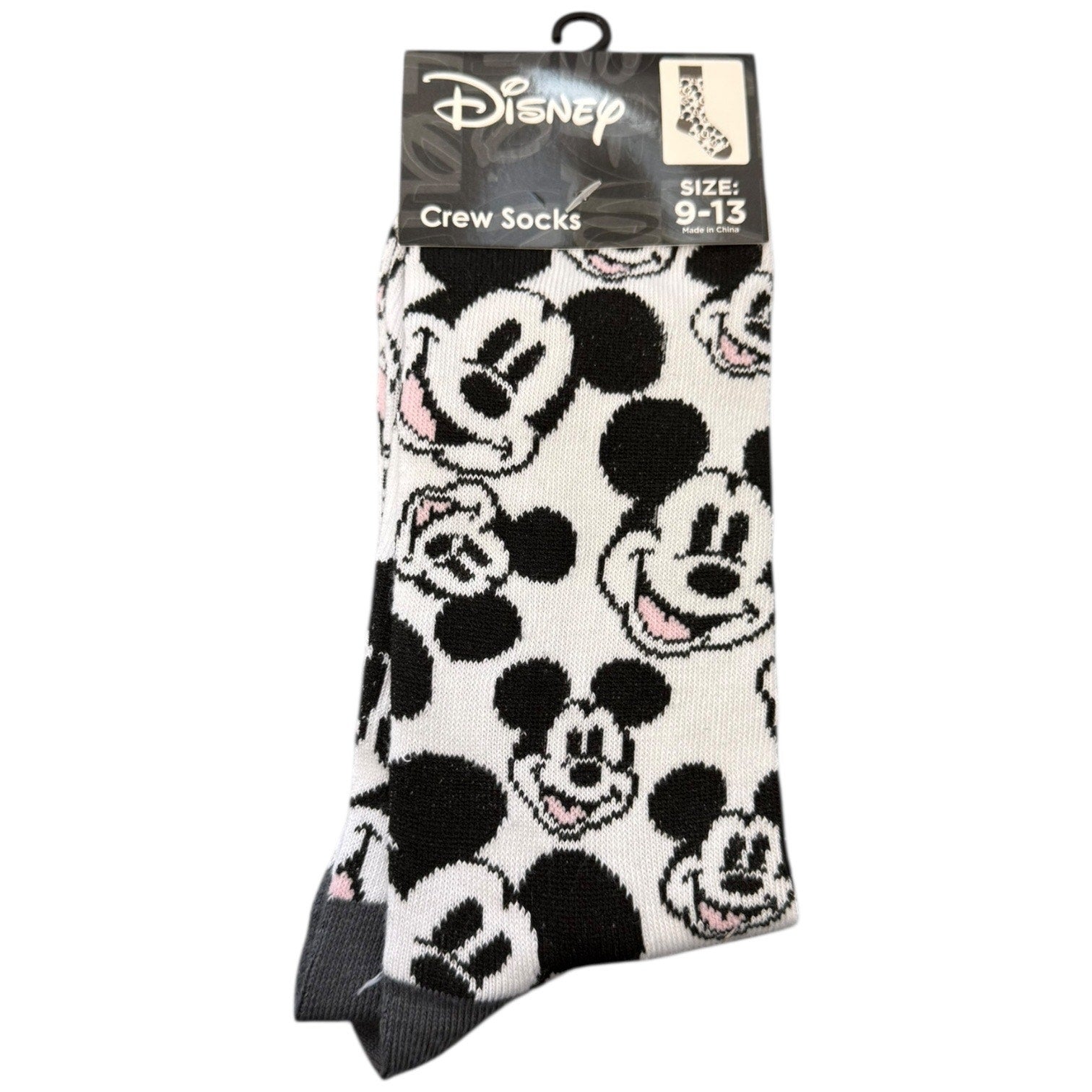 1 pair of Disney Mickey Mouse crew socks with packaging on a white background