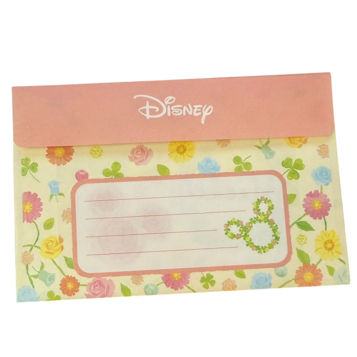 Floral design with Disney logo on a pink envelope on a white background