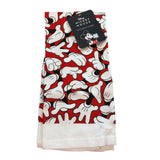 A red and white kitchen hand towel with Mickey Mouse hands print and a small label showing the Disney logo.