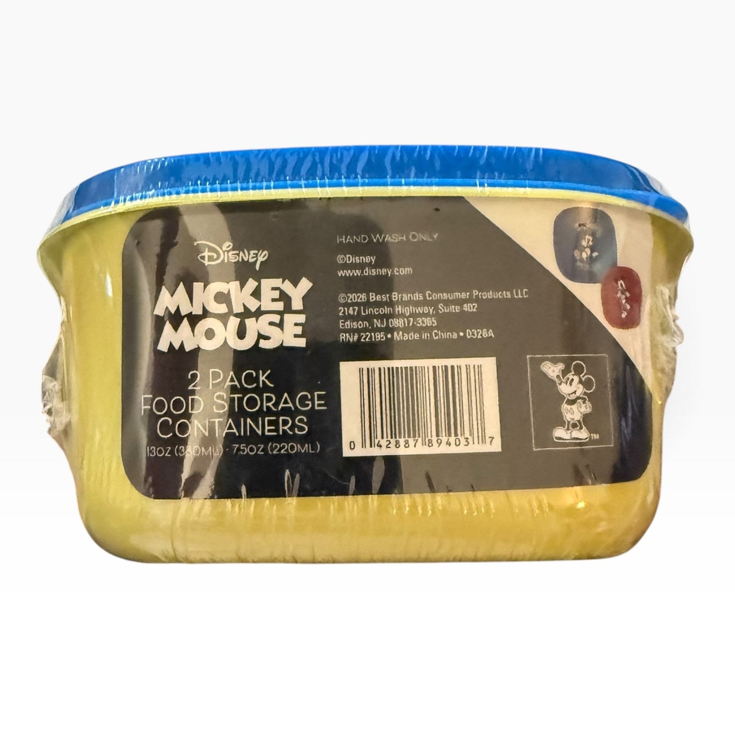 Disney Mickey Mouse 2-pack food storage containers in a yellow tub with a blue lid, wrapped in clear plastic with a black and white product label.