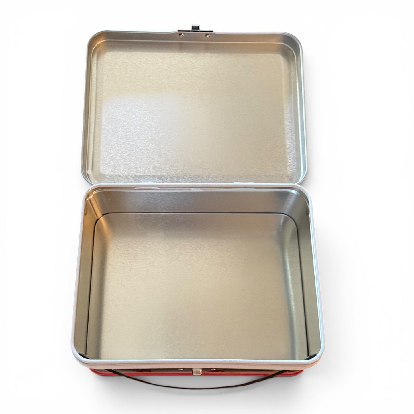 Metallic rectangular box with a lid on a white background