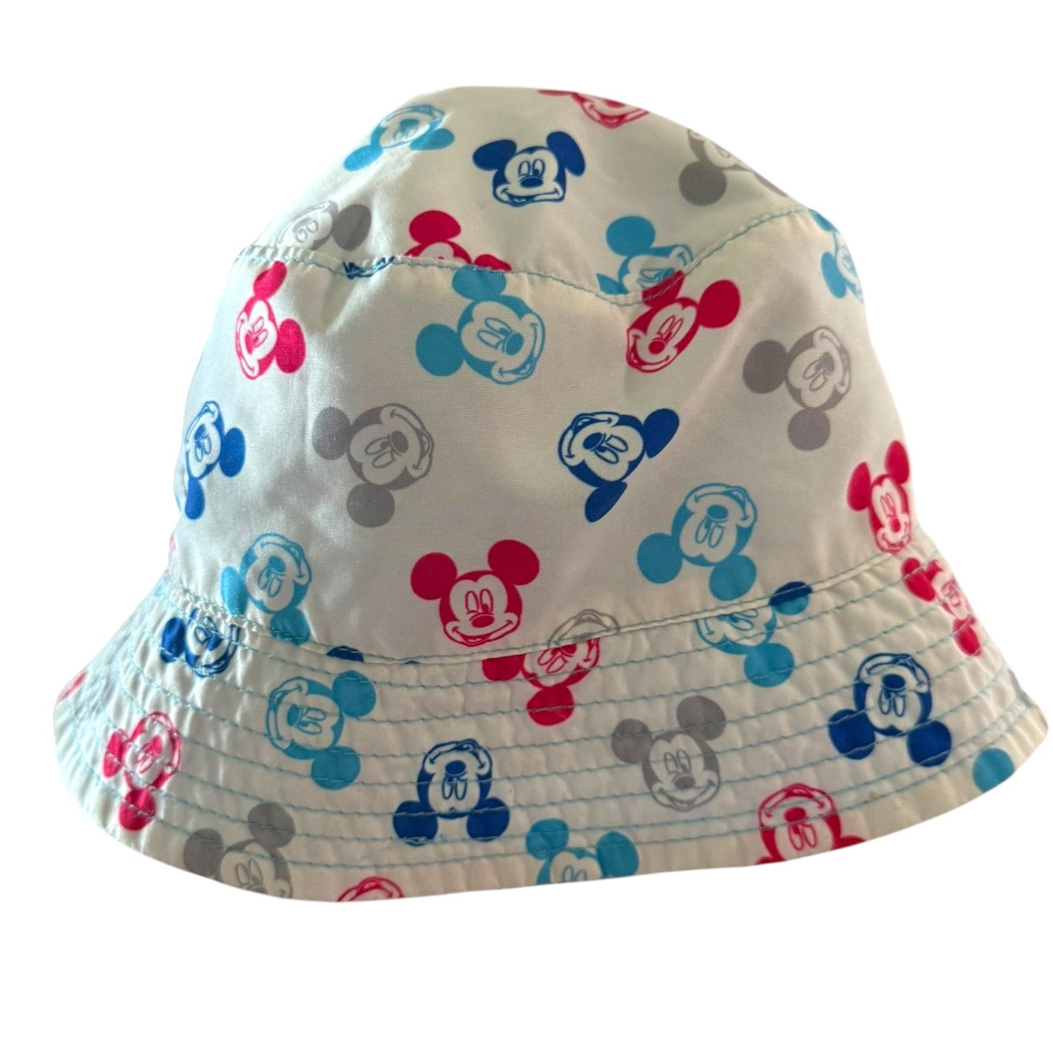 Bucket hat with colorful Mickey Mouse patterns on a white background