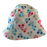 Bucket hat with colorful Mickey Mouse patterns on a white background