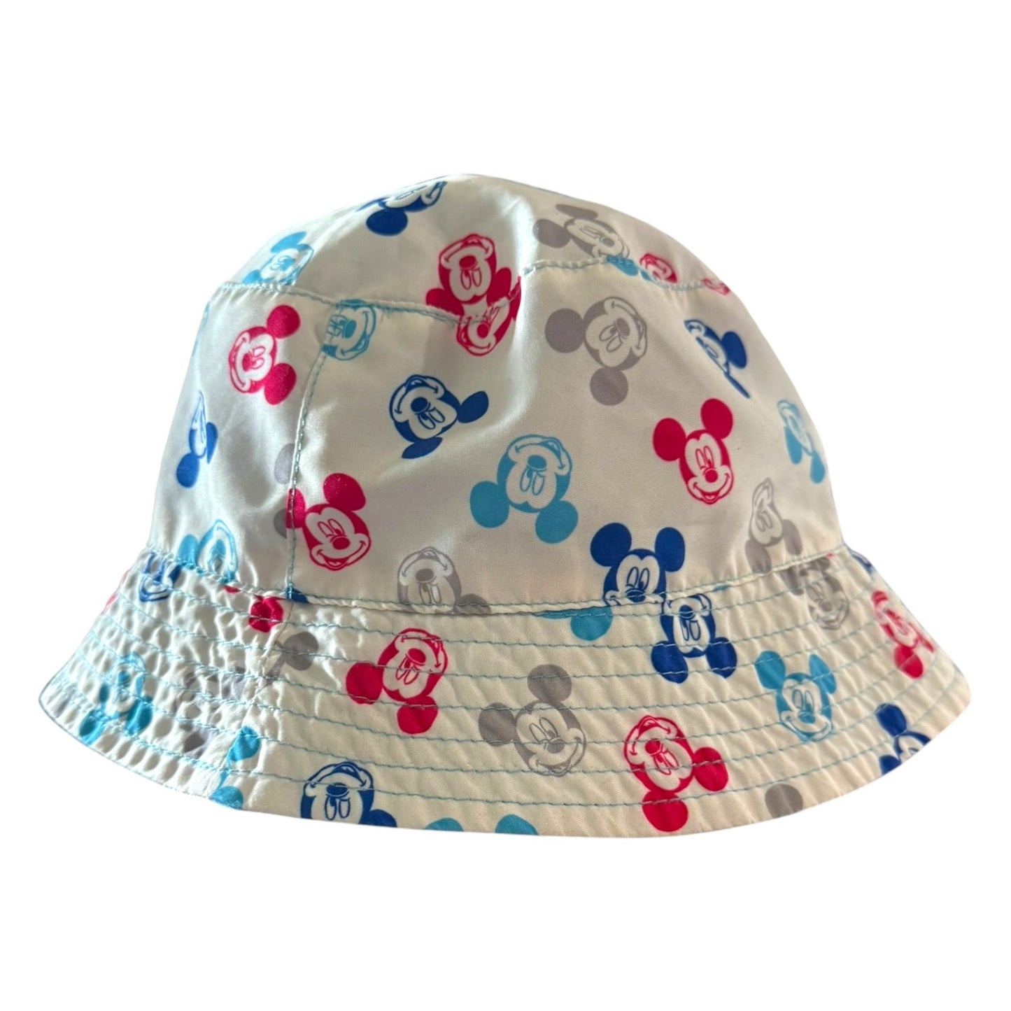 Bucket hat with colorful Mickey Mouse patterns on a white background