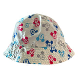 Bucket hat with colorful Mickey Mouse patterns on a white background