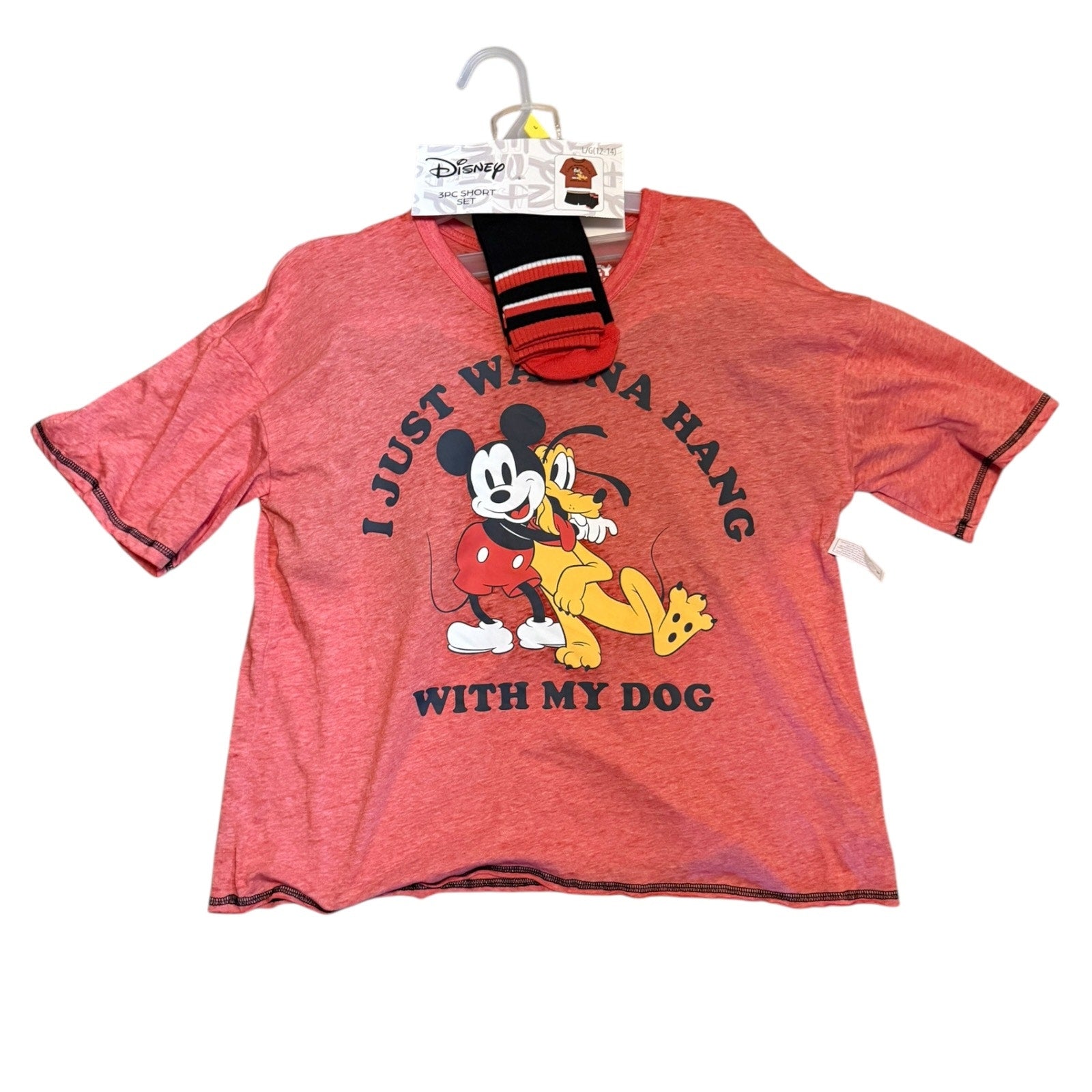 Red t-shirt and socks with cartoon characters and text on a white background