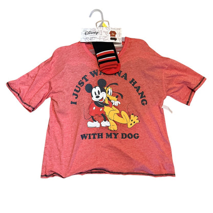 Red t-shirt and socks with cartoon characters and text on a white background