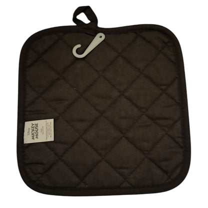 A black diamond-quilted pot holder with a black hanging loop and a white plastic hook, featuring a small white brand label that reads 'MOON MOON'.