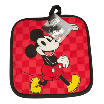 A square red Mickey Mouse potholder featuring a red checkered pattern, with a large cartoon Mickey Mouse graphic in the center, black trim, and a hanging Disney tag.