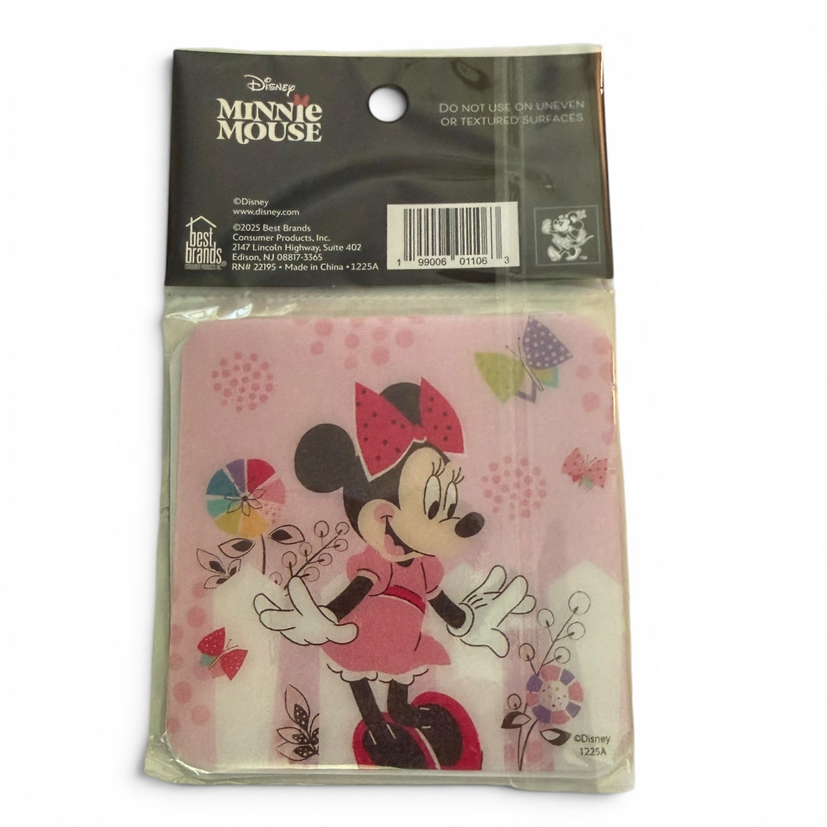 Back of package with Minnie Mouse bath tub treads on a white background. 