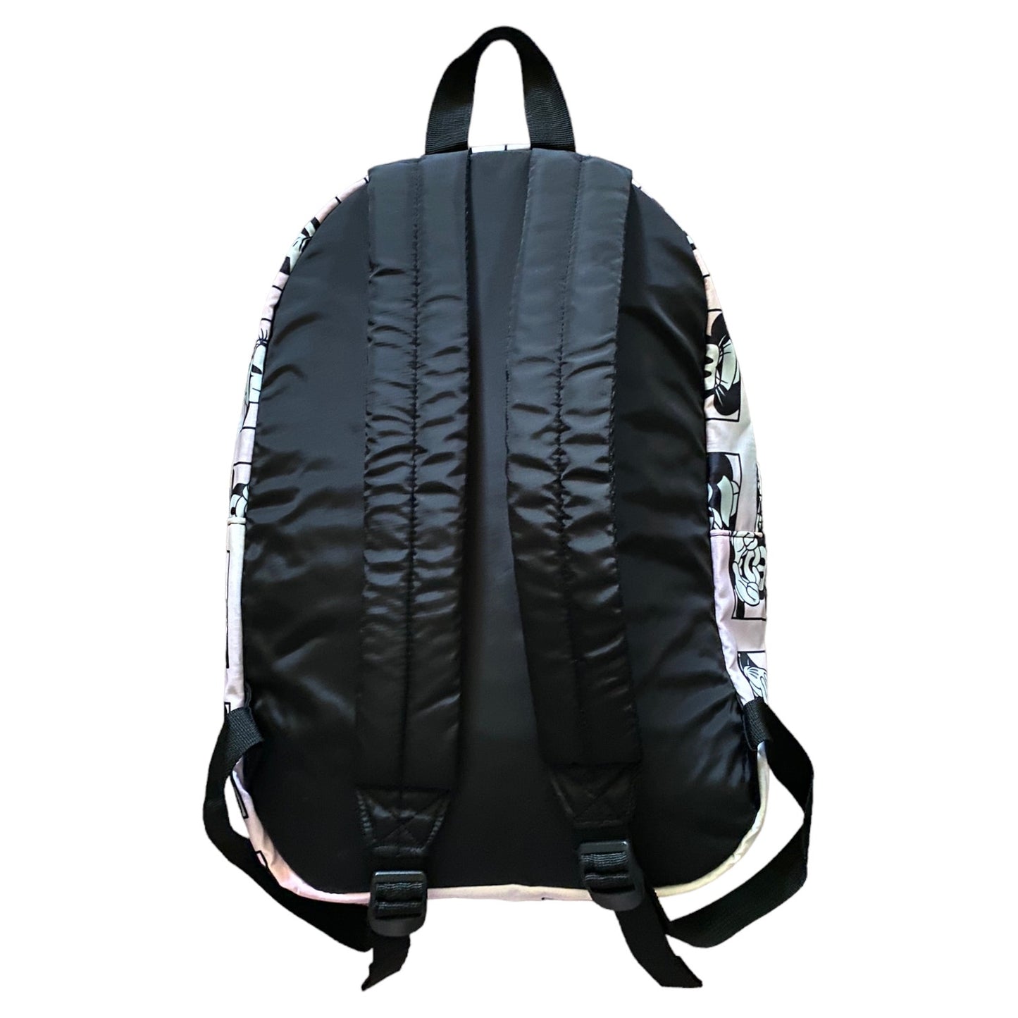 The back view of a black backpack with padded shoulder straps and side pockets featuring a black, white, and multicolor graphic print, shown against a plain white background.