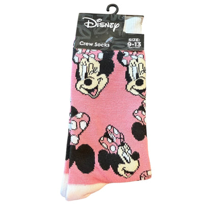 A package of Disney Minnie Mouse themed pink crew socks with character patterns, size 9-13.