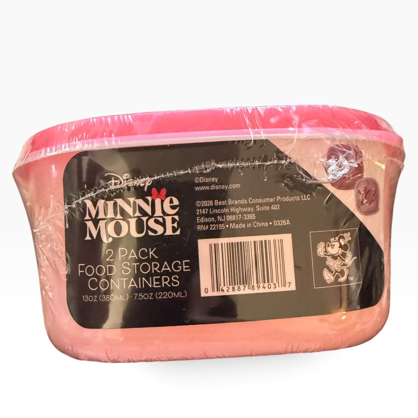 Disney Minnie Mouse 2-pack of pink food storage containers in plastic wrap, with a black label featuring the Disney Minnie Mouse branding.