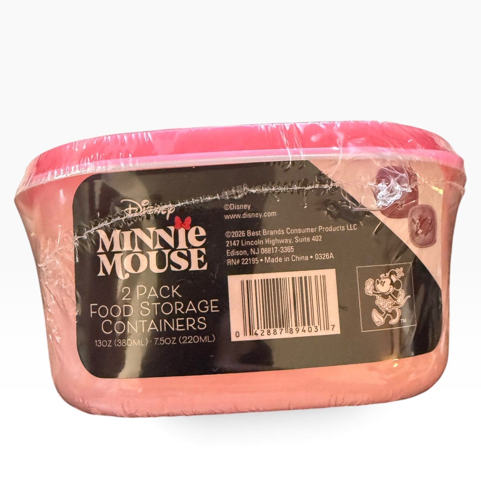 Disney Minnie Mouse 2-pack of pink food storage containers in plastic wrap, with a black label featuring the Disney Minnie Mouse branding.