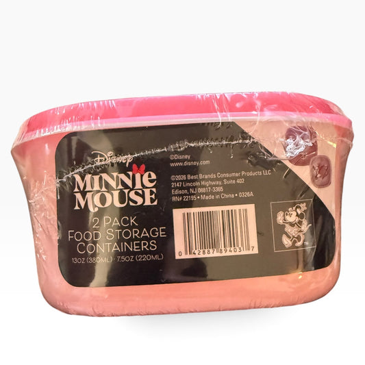 Disney Minnie Mouse 2-pack of pink food storage containers in plastic wrap, with a black label featuring the Disney Minnie Mouse branding.