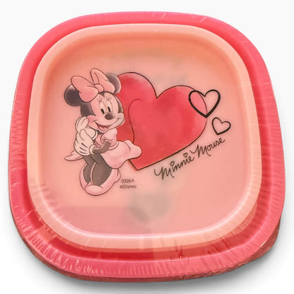 A storage food containers with corners, featuring a pink and red Valentine's theme. The top plate is printed with an illustration of Minnie Mouse hugging a large red heart, accompanied by the 'Minnie Mouse' signature and 'Disney' copyright text.
