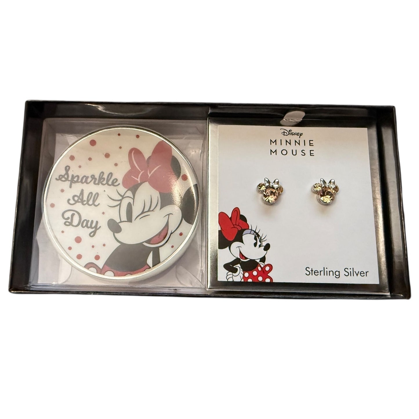 Minnie Mouse earrings and round mini dish with 'Sparkle All Day' text in a display box.