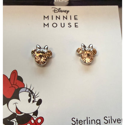 Minnie Mouse earrings on a Disney branded card with Minnie Mouse illustration.
