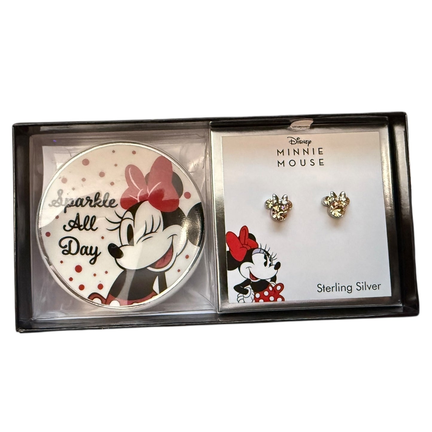 Minnie Mouse earrings and mini dish set in packaging