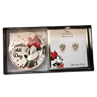 Minnie Mouse earrings and mini dish set in packaging