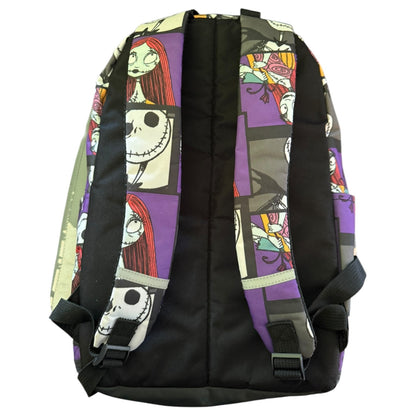 Back of Backpack with colorful character design on a white background