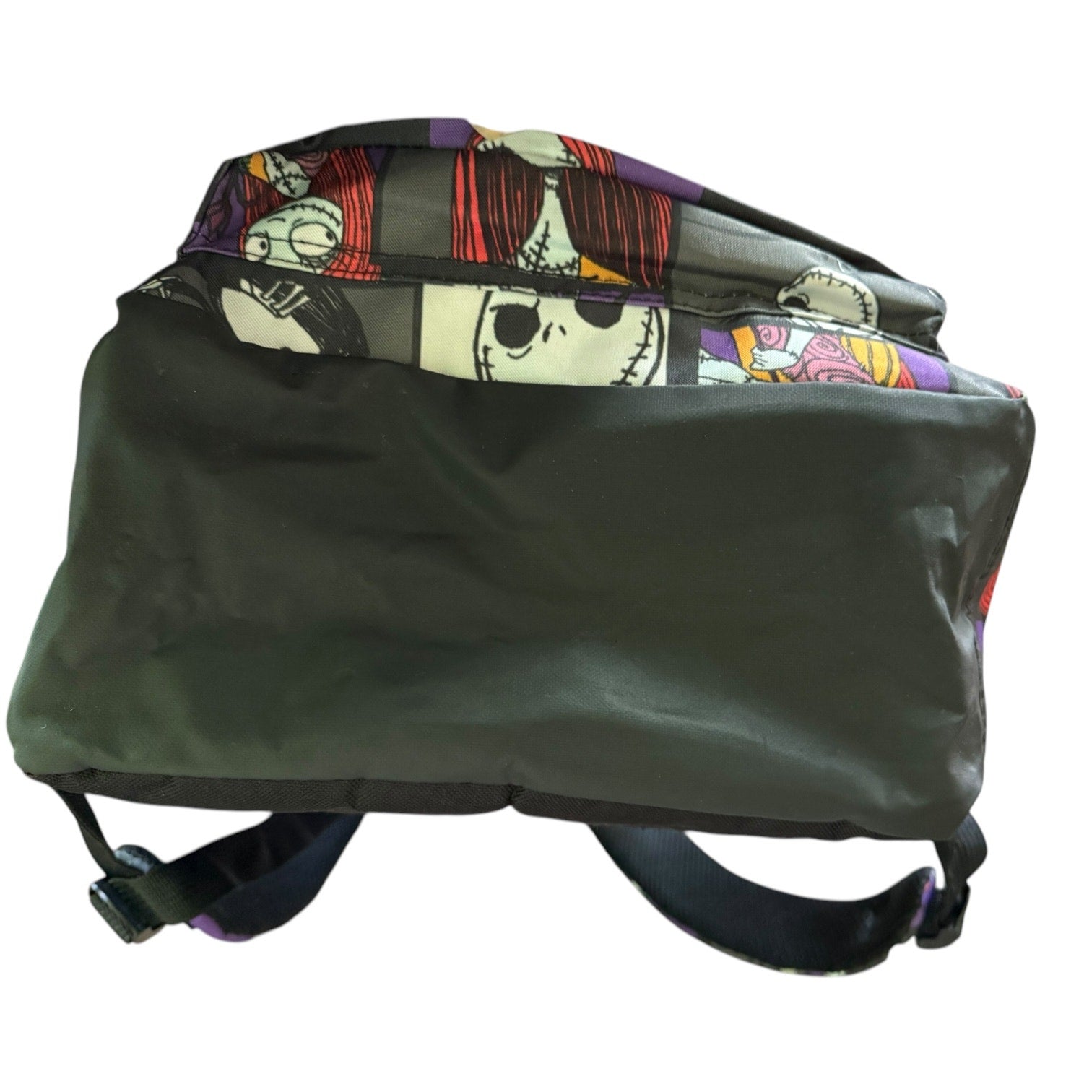 Bottom of Backpack with a colorful skull pattern on the lid against a white background