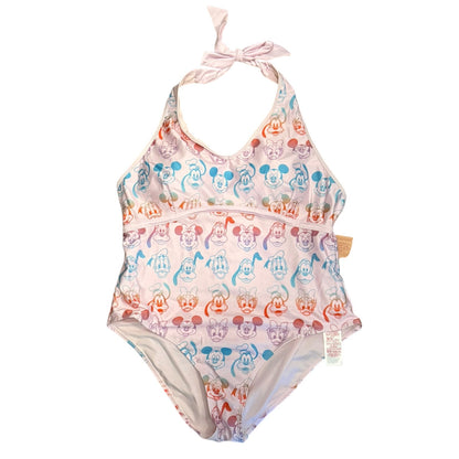 A women's one-piece halter swimsuit featuring an all-over repeating print of Disney characters' faces, including Mickey Mouse, Minnie Mouse, Donald Duck, Daisy Duck, and Pluto, on a light pink background. The swimsuit has a tie-strap halter neckline and a small tan tag on the right side.