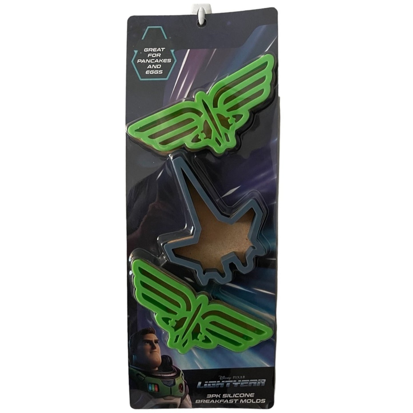 Green buzz lightyear silicone molds on a branded packaging with text.