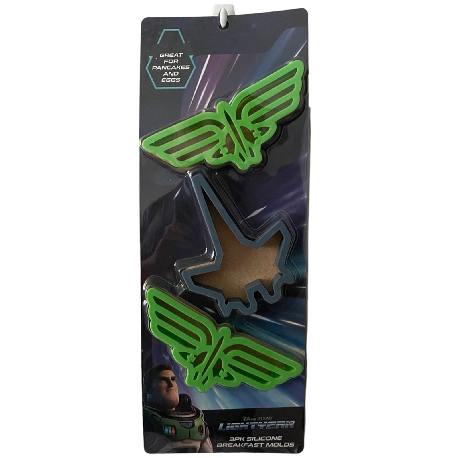 Green buzz lightyear silicone molds on a branded packaging with text.