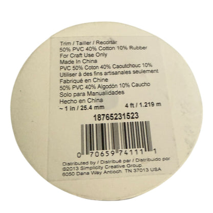 Round label with text and a barcode on a white background