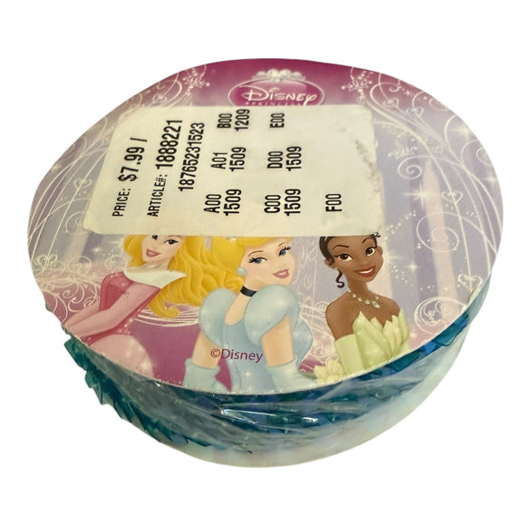 Round container of sequins with Disney princesses on a white background