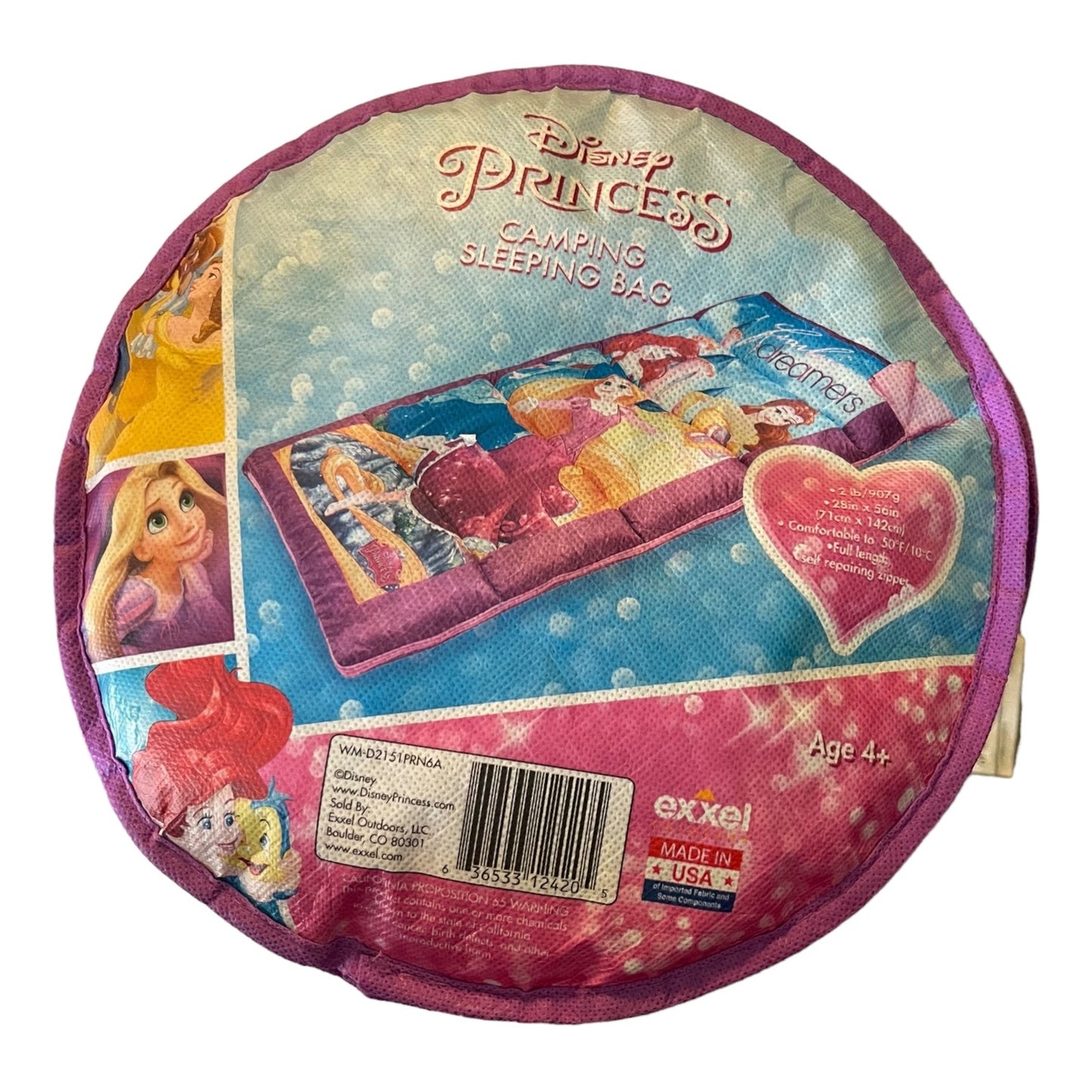Disney Princess camping sleeping bag packaging with images of princesses on a white background