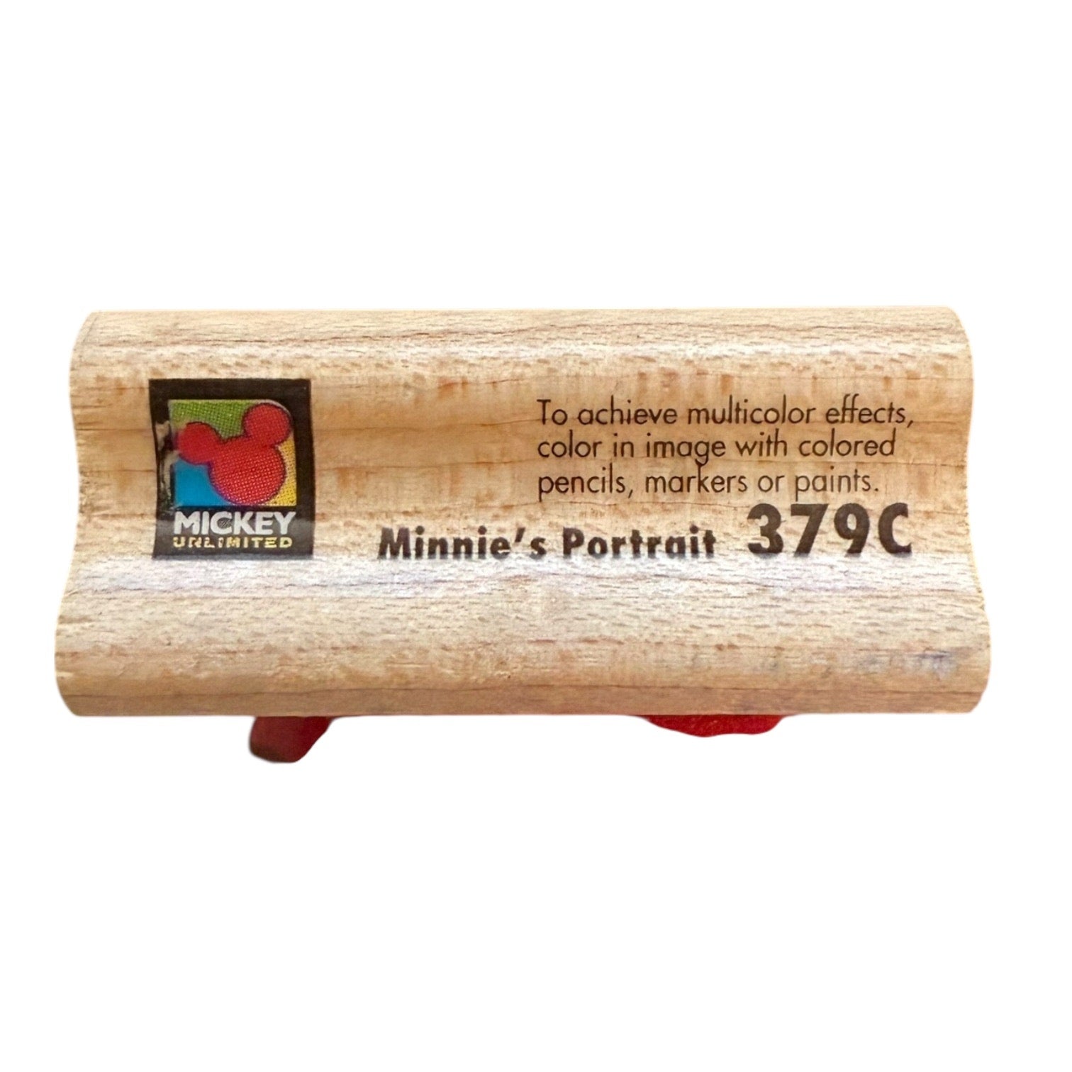 Wooden stamp with 'Mickey Mouse' logo and text on a white background