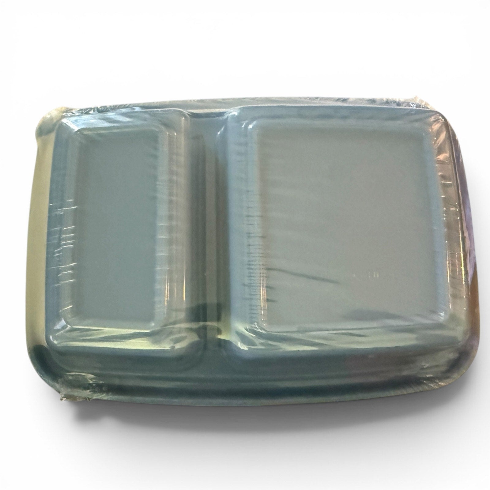 Blue plastic food container with two compartments on a white background