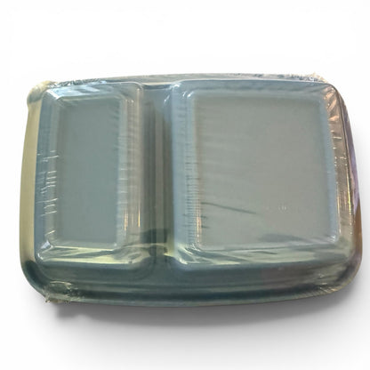 Blue plastic food container with two compartments on a white background