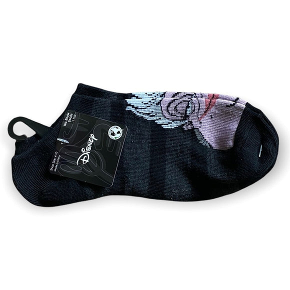 A pair of Disney's Little Mermaid Ursula no-show socks in black with character-themed graphics, size 4-10, with the packaging tag still attached.