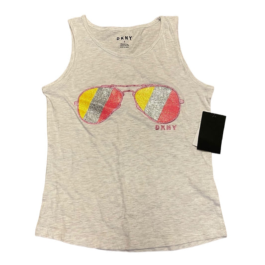 A DKNY heather gray tank top featuring a graphic of aviator sunglasses with red, yellow, and silver glittery lenses, accompanied by a black hangtag.