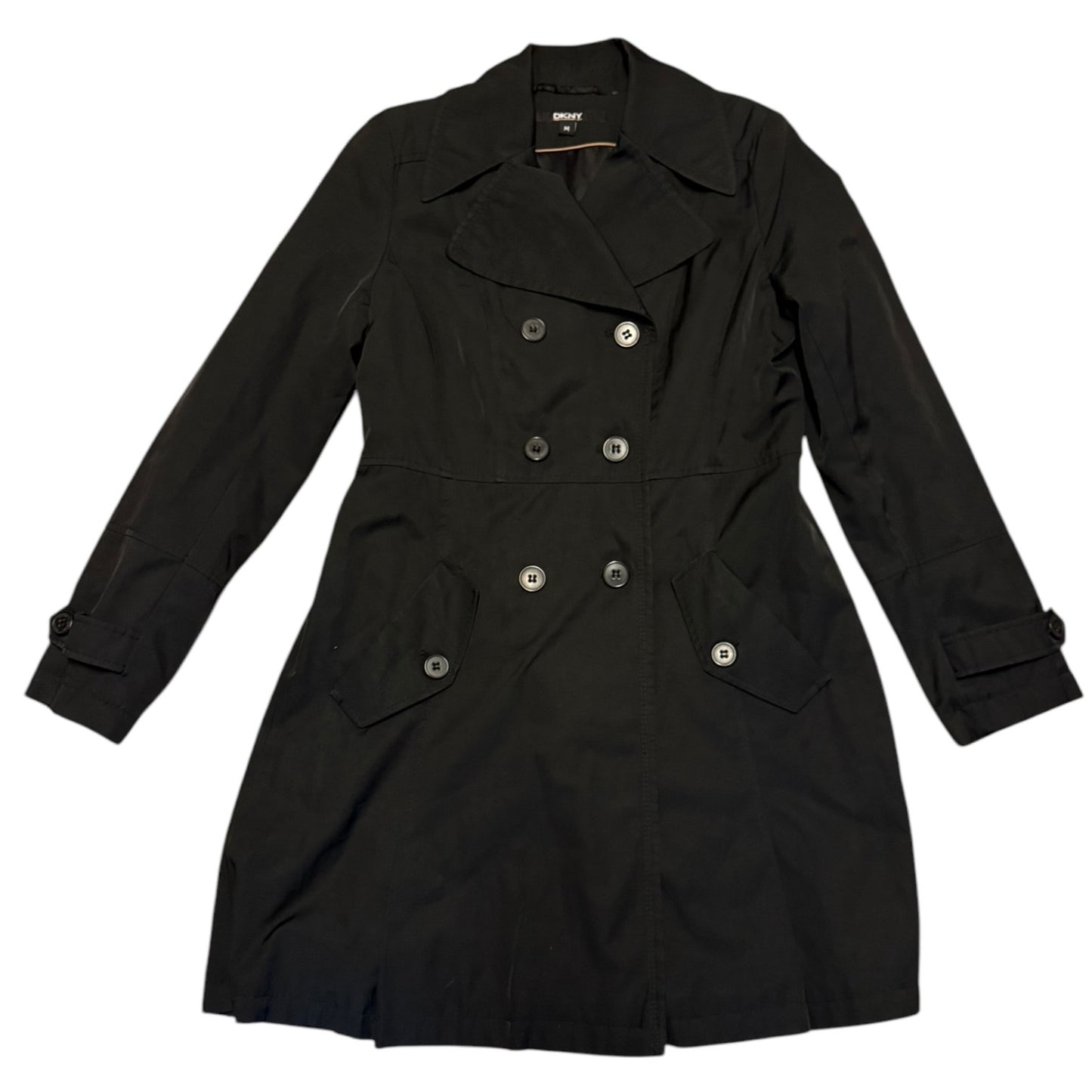 Black trench coat with black buttons on a white background