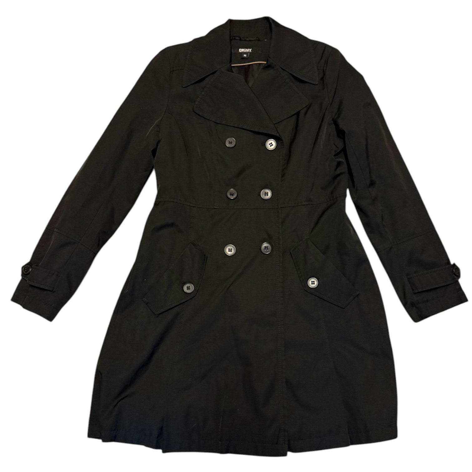 Black trench coat with black buttons on a white background