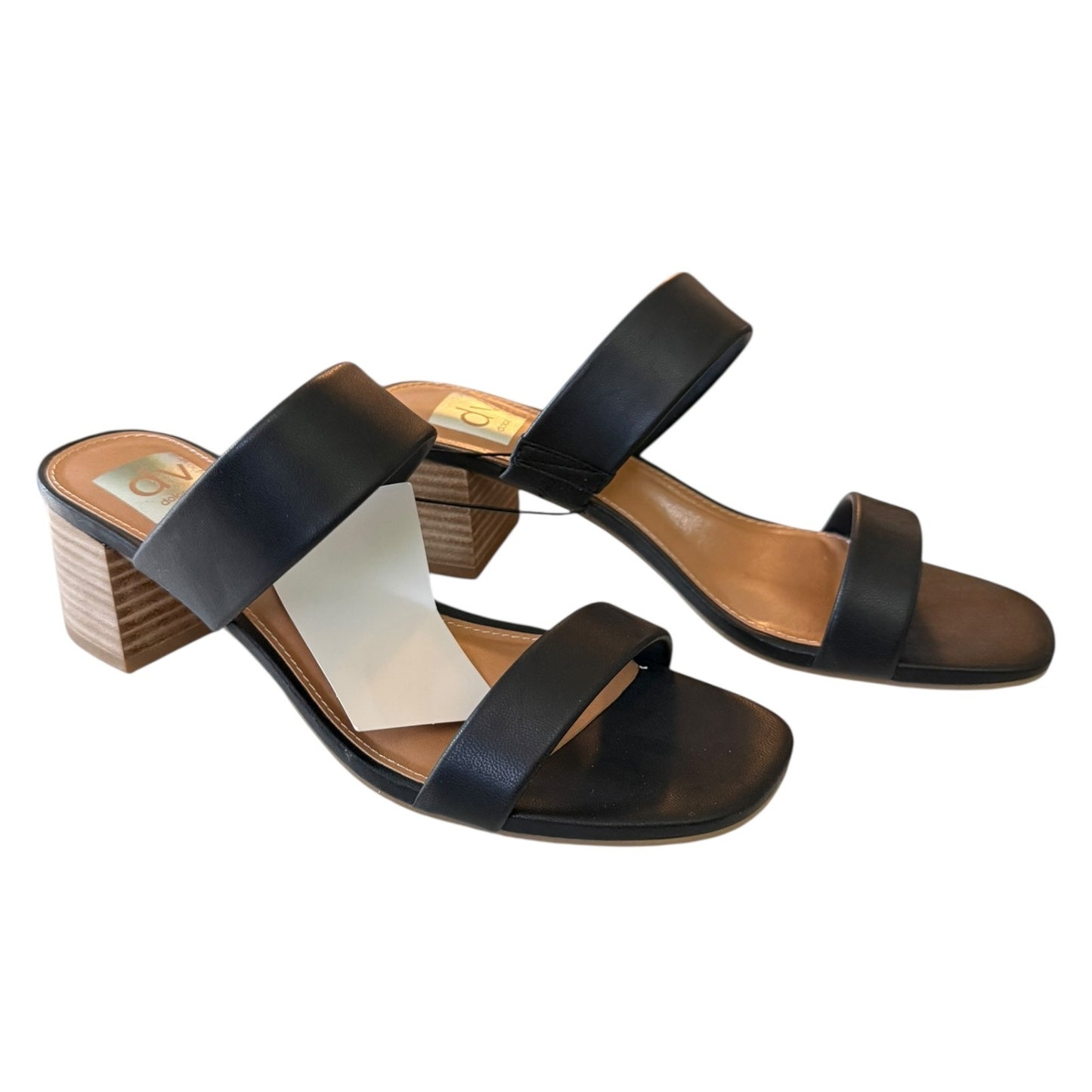 Black sandals with faux wooden heel on a white background