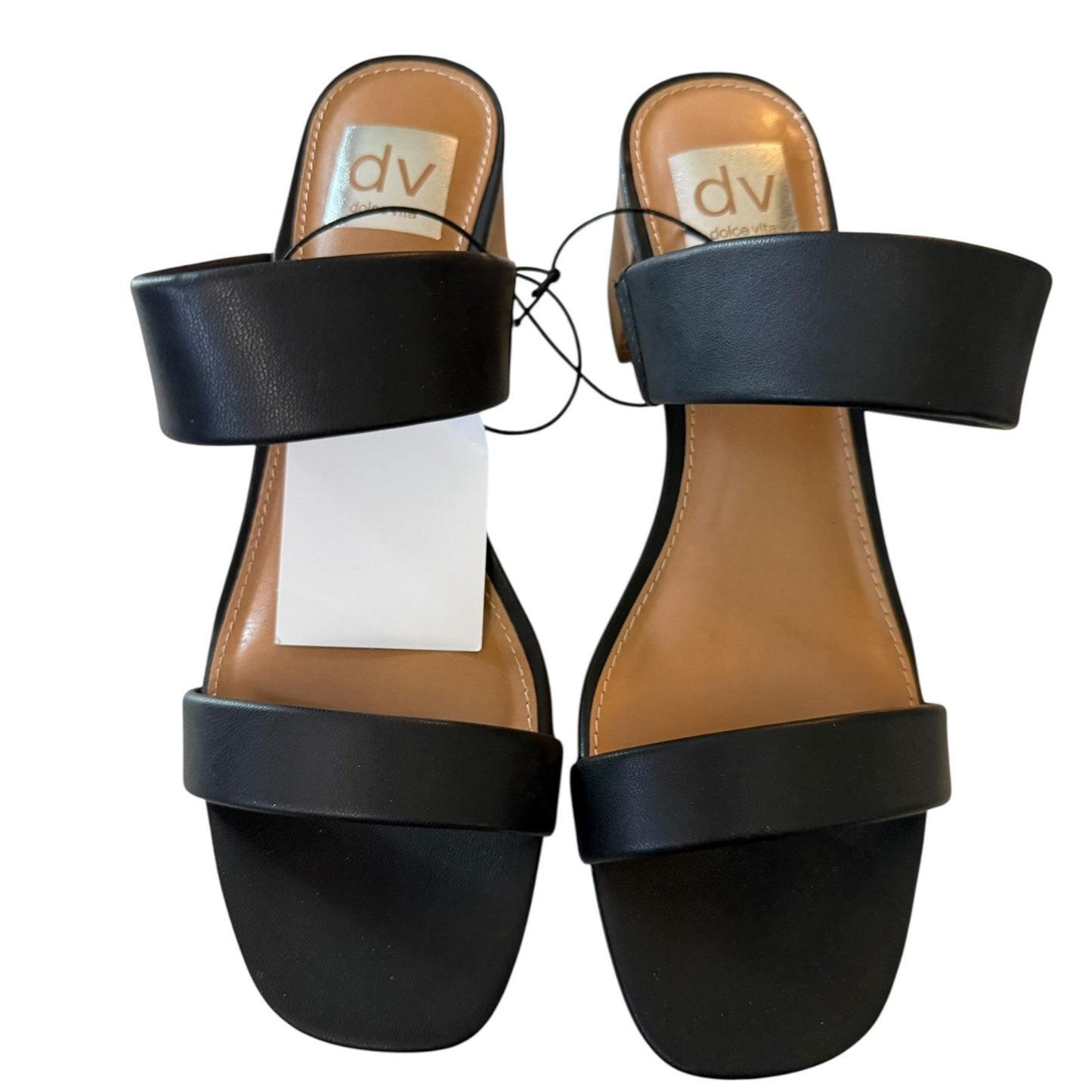 Front of Black sandals with a visible brand label on a white background