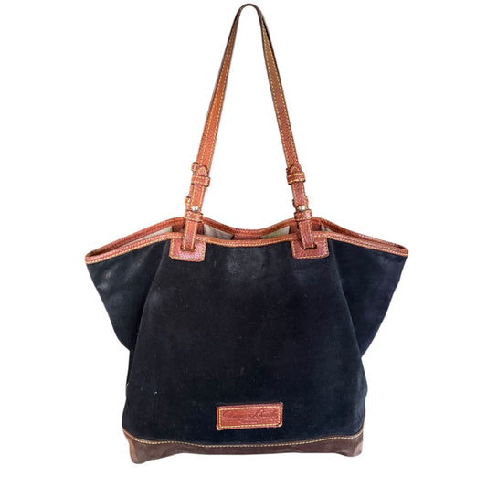 Black tote bag with brown accents on a white background