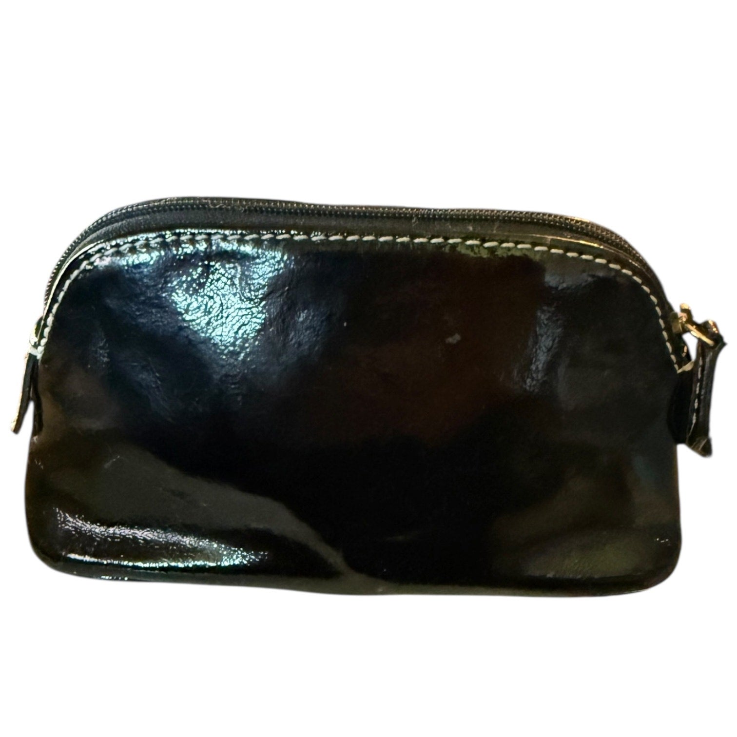 Back of Black leather pouch with zipper on a white background