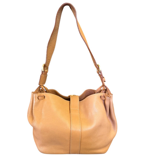 Tan leather handbag with a shoulder strap on a white background