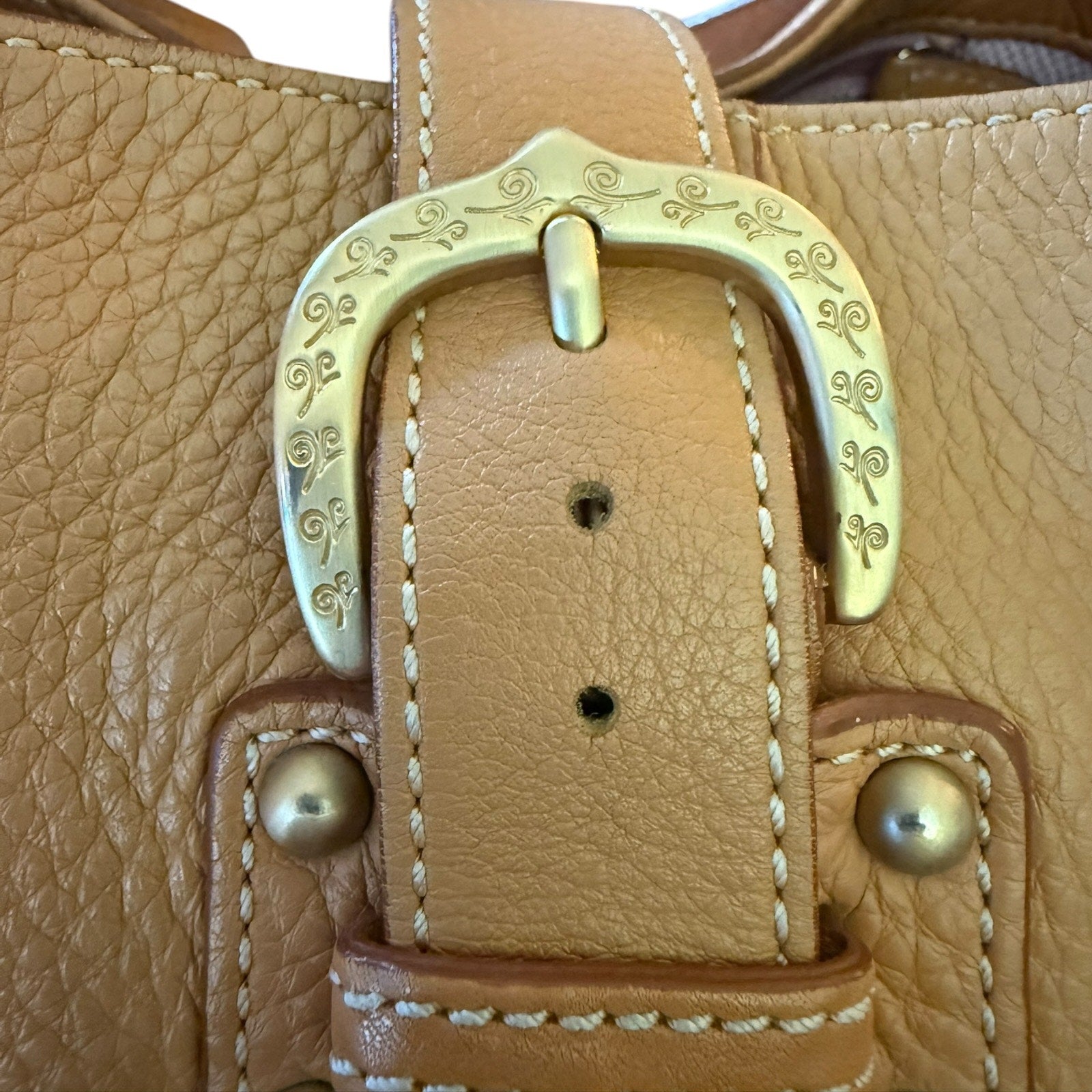 Close-up of a leather bag with a gold buckle and decorative elements.
