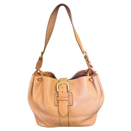 Tan leather handbag with a gold buckle on a white background