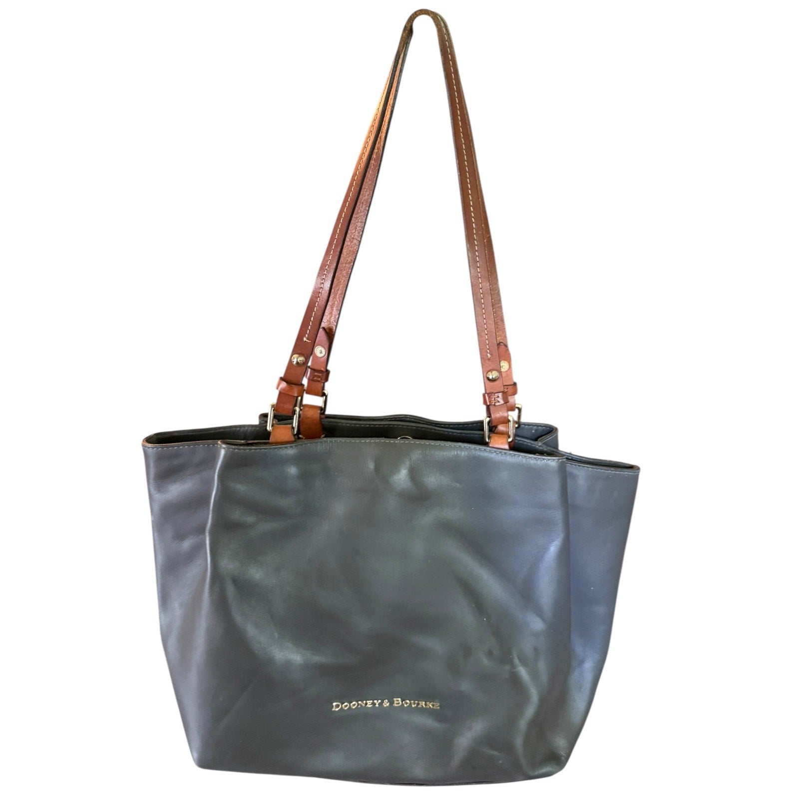 Gray tote bag with brown straps on a white background